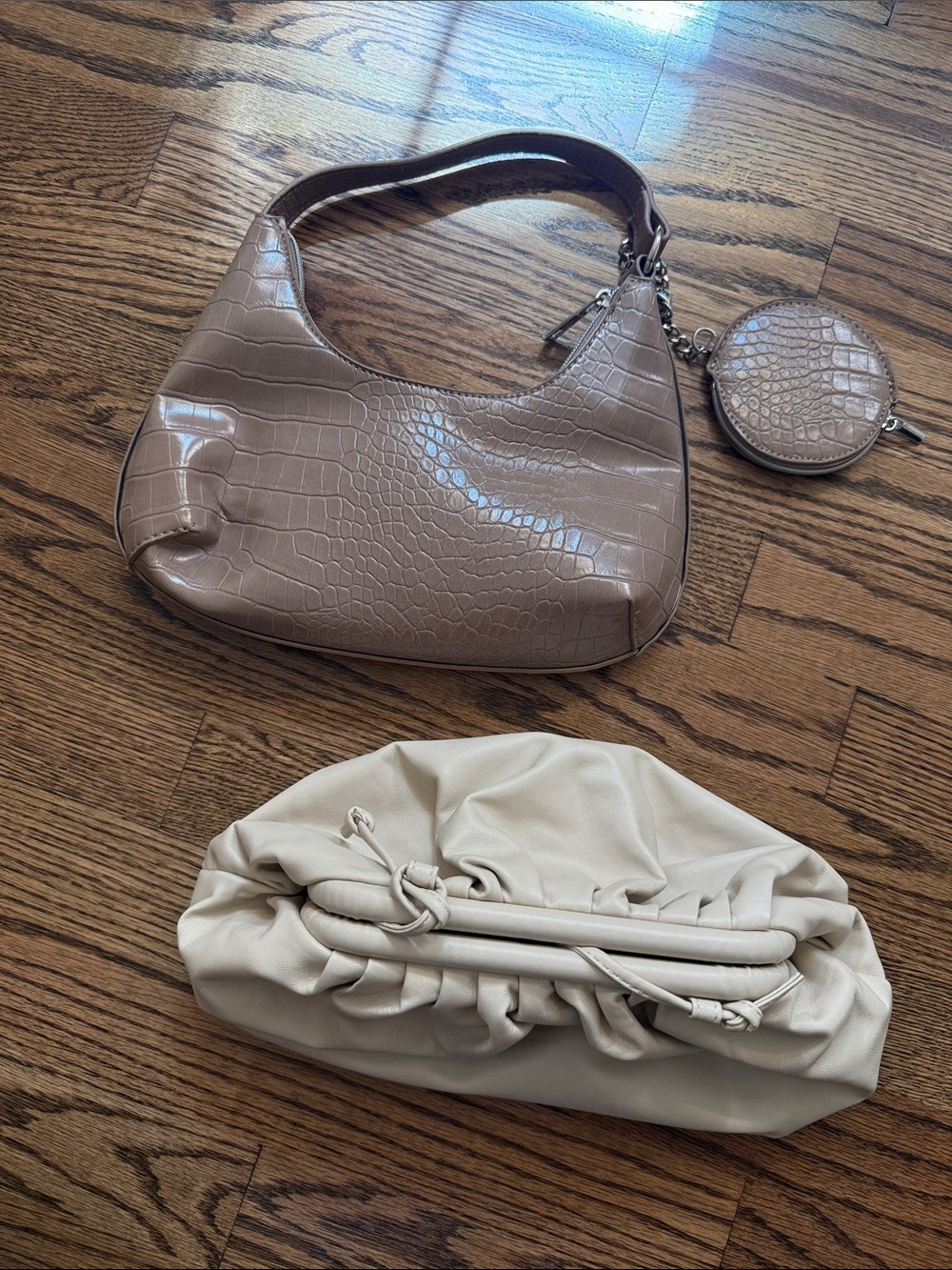Set of 2 Taupe Croc-Embossed Shoulder Bag w Coin Pouch and Cream Ruched Clutch